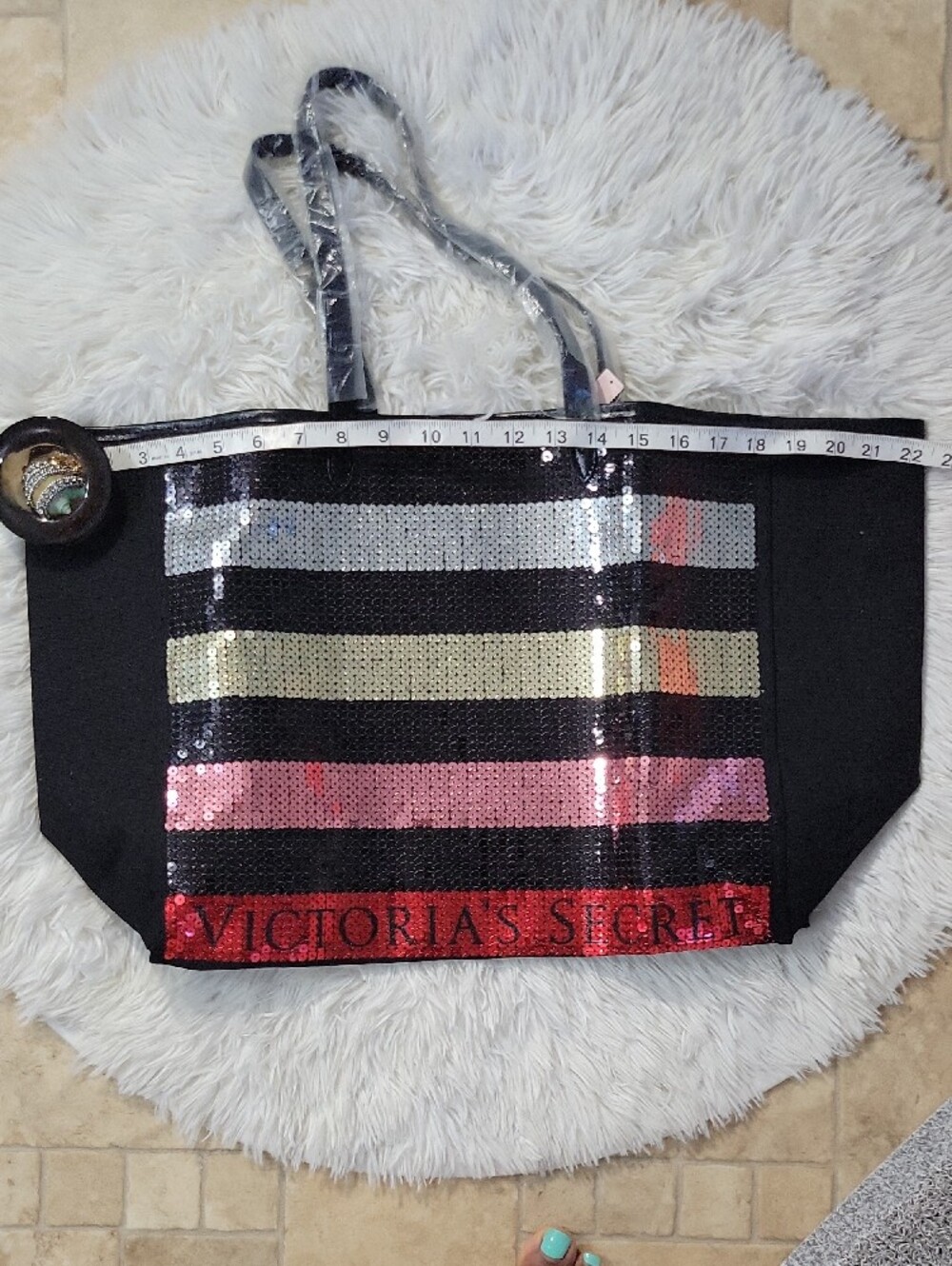 Victoria's Secret Black Sequin Stripe Tote - Pink & Gold Accent - Picture 2 of 12
